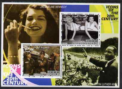 Somalia 2001 Icons of the 20th Century #04 - Elvis & Marilyn perf sheetlet containing 2 values with Jackie Kennedy & Martin Luther King in background unmounted mint, stamps on , stamps on  stamps on personalities, stamps on  stamps on millennium, stamps on  stamps on movies, stamps on  stamps on films, stamps on  stamps on music, stamps on  stamps on marilyn, stamps on  stamps on elvis, stamps on  stamps on kennedy, stamps on  stamps on nobel, stamps on  stamps on peace, stamps on  stamps on marilyn monroe