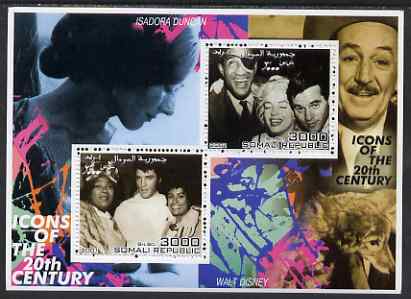 Somalia 2001 Icons of the 20th Century #15 - Elvis & Marilyn perf sheetlet containing 2 values with Isadora Duncan & Walt Disney in background unmounted mint. Note this i..., stamps on personalities, stamps on millennium, stamps on movies, stamps on films, stamps on music, stamps on marilyn, stamps on elvis, stamps on dancing, stamps on disney, stamps on marilyn monroe
