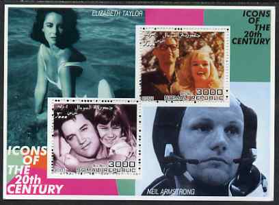 Somalia 2001 Icons of the 20th Century #16 - Elvis & Marilyn perf sheetlet containing 2 values with Elizabeth Taylor & Neil Armstrong in background unmounted mint. Note this item is privately produced and is offered purely on its thematic appeal, stamps on , stamps on  stamps on personalities, stamps on  stamps on millennium, stamps on  stamps on movies, stamps on  stamps on films, stamps on  stamps on music, stamps on  stamps on marilyn, stamps on  stamps on elvis, stamps on  stamps on dancing, stamps on  stamps on space, stamps on  stamps on women, stamps on  stamps on marilyn monroe
