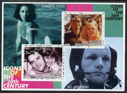 Somalia 2001 Icons of the 20th Century #16 - Elvis & Marilyn perf sheetlet containing 2 values with Elizabeth Taylor & Neil Armstrong in background unmounted mint. Note t..., stamps on personalities, stamps on millennium, stamps on movies, stamps on films, stamps on music, stamps on marilyn, stamps on elvis, stamps on dancing, stamps on space, stamps on women, stamps on marilyn monroe