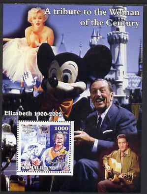 Somaliland 2002 A Tribute to the Woman of the Century #05 - The Queen Mother perf m/sheet also showing Walt Disney, Marilyn & Elvis, unmounted mint, stamps on royalty, stamps on queen mother, stamps on women, stamps on marilyn monroe, stamps on films, stamps on cinema, stamps on elvis, stamps on disney, stamps on personalities