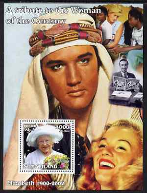 Somaliland 2002 A Tribute to the Woman of the Century #06 - The Queen Mother perf m/sheet also showing Walt Disney, Diana, Marilyn & Elvis, unmounted mint. Note this item is privately produced and is offered purely on its thematic appeal, stamps on royalty, stamps on queen mother, stamps on women, stamps on marilyn monroe, stamps on films, stamps on cinema, stamps on elvis, stamps on disney, stamps on personalities, stamps on diana