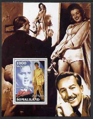 Somaliland 2002 Elvis Presley #1 perf m/sheet (with Walt Disney & Marilyn in background) unmounted mint, stamps on films, stamps on cinema, stamps on elvis, stamps on disney, stamps on personalities, stamps on marilyn monroe, stamps on marilyn, stamps on music