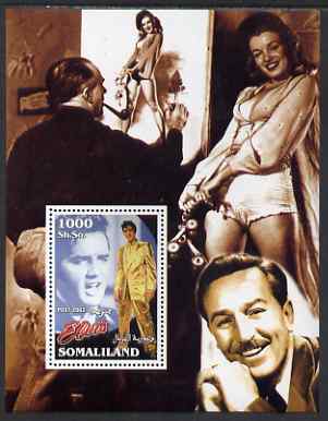 Somaliland 2002 Elvis Presley #1 perf m/sheet (with Walt Disney & Marilyn in background) unmounted mint, stamps on , stamps on  stamps on films, stamps on  stamps on cinema, stamps on  stamps on elvis, stamps on  stamps on disney, stamps on  stamps on personalities, stamps on  stamps on marilyn monroe, stamps on  stamps on marilyn, stamps on  stamps on music