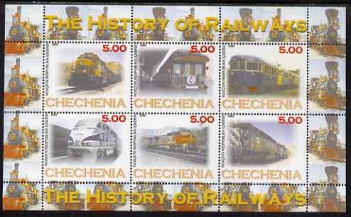 Chechenia 1998 The History of Railways perf sheetlet containing 6 values, unmounted mint, stamps on railways