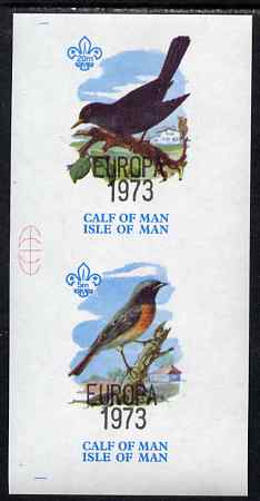 Calf of Man 1973 Europa opt'd on Birds imperf m/sheet (showing 5m Redstart & 20m Blackbird - from first printing without the birds' names) unmounted mint with Scout logo, Rosen CA313MS, stamps on europa, stamps on birds, stamps on blackbirds, stamps on scouts