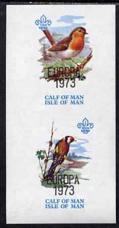 Calf of Man 1973 Europa opt'd on Birds imperf m/sheet (showing 10m Robin & 45m Goldfinch - from first printing without the birds' names) unmounted mint with Scout logo, Rosen CA314MS, stamps on , stamps on  stamps on europa, stamps on  stamps on birds, stamps on  stamps on robin, stamps on  stamps on goldfinch, stamps on  stamps on scouts