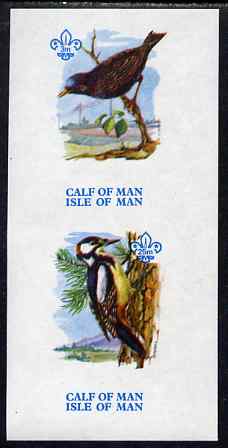 Calf of Man 1973 Birds imperf m/sheet (showing 3m Starling & 25m Woodpecker - from first printing without the birds names) unmounted mint with Scout logo, Rosen CA312MS, stamps on birds, stamps on woodpeckers, stamps on scouts