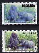 Nigeria 2008 WWF - Gorilla N50 perf essay trial with an overal bluish colour, very thick lettering and without imprint, unmounted mint but some ink offset plus normal., stamps on , stamps on  stamps on animals, stamps on  stamps on  wwf , stamps on  stamps on apes