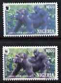 Nigeria 2008 WWF - Gorilla N100 perf essay trial with an overal bluish colour, very thick lettering and without imprint, unmounted mint but some ink offset plus normal., stamps on , stamps on  stamps on animals, stamps on  stamps on  wwf , stamps on  stamps on apes