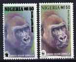 Nigeria 2008 WWF - Gorilla N150 perf essay trial with an overal bluish colour, very thick lettering and without imprint, unmounted mint but some ink offset plus normal., stamps on , stamps on  stamps on animals, stamps on  stamps on  wwf , stamps on  stamps on apes