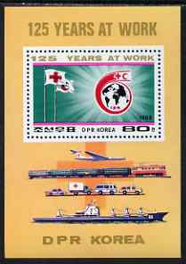 North Korea 1988 125th Anniversary of Red Cross perf m/sheet unmounted mint, SG MS N2753, stamps on , stamps on  stamps on red cross, stamps on  stamps on globes, stamps on  stamps on ships, stamps on  stamps on cars, stamps on  stamps on aviation, stamps on  stamps on railways, stamps on  stamps on transportambulances