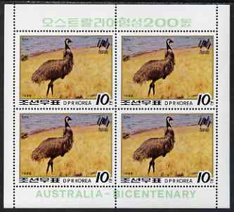 North Korea 1988 Bicentenary of Australia 10c Emu perf sheetlet containing block of 4 unmounted mint, as SG N2793, stamps on , stamps on  stamps on birds, stamps on  stamps on emus