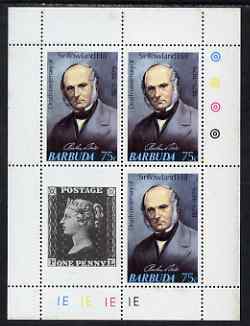 Barbuda 1975 Death Centenary of Rowland Hill perf sheetlet #1 containing 3 x 75c plus 1d black label unmounted mint, as SG 447, stamps on rowland hill, stamps on personalities, stamps on stamp on stamp, stamps on  postal, stamps on , stamps on stamponstamp