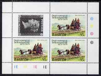 Barbuda 1975 Death Centenary of Rowland Hill perf sheetlet #2 containing 3 x 95c plus 1d black label unmounted mint, as SG 448, stamps on rowland hill, stamps on personalities, stamps on stamp on stamp, stamps on  postal, stamps on mail coaches, stamps on horses, stamps on stamponstamp