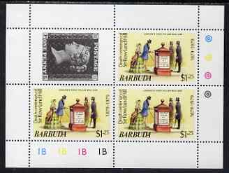 Barbuda 1975 Death Centenary of Rowland Hill perf sheetlet #3 containing 3 x $1.25 plus 1d black label unmounted mint, as SG 449, stamps on rowland hill, stamps on personalities, stamps on stamp on stamp, stamps on  postal, stamps on postboxes, stamps on stamponstamp