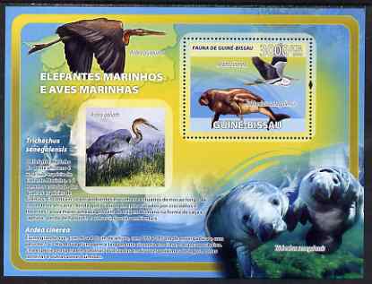 Guinea - Bissau 2008 Sea Cows & Sea Birds perf souvenir sheet unmounted mint, stamps on , stamps on  stamps on animals, stamps on  stamps on sea cows, stamps on  stamps on manatees, stamps on  stamps on marine life, stamps on  stamps on birds, stamps on  stamps on herons