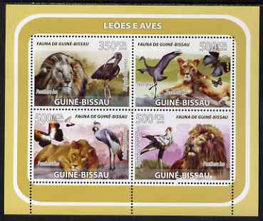 Guinea - Bissau 2008 Lions & Birds (with butterflies) perf sheetlet containing 4 values unmounted mint, stamps on animals, stamps on cats, stamps on lions, stamps on birds, stamps on cranes, stamps on secretary bird, stamps on butterflies