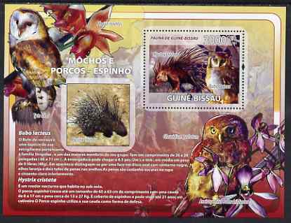 Guinea - Bissau 2008 Owls and Porcupines (with orchids) perf souvenir sheet unmounted mint, stamps on , stamps on  stamps on animals, stamps on  stamps on birds, stamps on  stamps on birds of prey, stamps on  stamps on owls, stamps on  stamps on porcupines, stamps on  stamps on flowers, stamps on  stamps on orchids