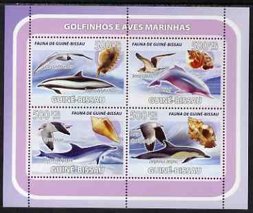 Guinea - Bissau 2008 Dolphins & Sea Birds (with seashells) perf sheetlet containing 4 values unmounted mint, stamps on marine life, stamps on dolphins, stamps on shells, stamps on birds, stamps on sea birds