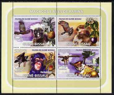 Guinea - Bissau 2008 Primates and Birds (with fruit) perf sheetlet containing 4 values unmounted mint, stamps on , stamps on  stamps on animals, stamps on  stamps on primates, stamps on  stamps on monkeys, stamps on  stamps on apes, stamps on  stamps on birds, stamps on  stamps on fruit, stamps on  stamps on birds of prey