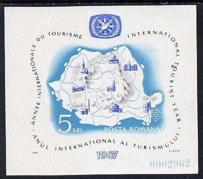 Rumania 1967 Int Tourist Year m/sheet (Map & ITY Emblem) unmounted mint, SG MS3480, Mi BL 63, stamps on maps, stamps on tourism