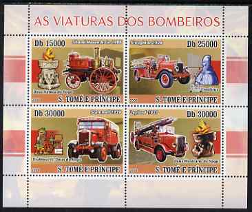 St Thomas & Prince Islands 2008 Fire Engines perf sheetlet containing 4 values unmounted mint, stamps on fire, stamps on fire engines, stamps on transport, stamps on gods, stamps on mathematics, stamps on science & technology, stamps on personalities, stamps on tesibius, stamps on mythology