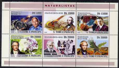 St Thomas & Prince Islands 2008 Naturalists (Haroun Tazieff - Vulcanologist, John Gould, Normal L Bowen, von Goethe, Ivan Pavlov, Charles Darwin) perf sheetlet containing..., stamps on volcanoes, stamps on vulcanology, stamps on birds, stamps on minerals, stamps on flowers, stamps on medicine, stamps on dogs, stamps on personalities, stamps on darwin, stamps on dinosaurs, stamps on nobel