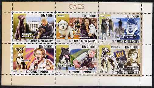 St Thomas & Prince Islands 2008 Dogs and their Masters (Bill Clinton & Labrador, Tony Parker/Eva Langoria & Maltese Terrier, Knud Johan Victor & Husky, Modonna & Chihuahua, Steve Irwin & Staffordshire Bull Terrier, Dorothy Smith & Dalmatian) perf sheetlet containing 6 values unmounted mint