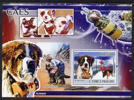 St Thomas & Prince Islands 2008 Dogs and their Masters perf souvenir sheet unmounted mint, stamps on , stamps on  stamps on animals, stamps on  stamps on dogs, stamps on  stamps on st bernards, stamps on  stamps on german shepherd, stamps on  stamps on  gsd , stamps on  stamps on red cross, stamps on  stamps on mountains, stamps on  stamps on space