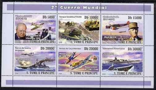 St Thomas & Prince Islands 2008 World War II perf sheetlet containing 6 values unmounted mint, stamps on militaria, stamps on  ww2 , stamps on aviation, stamps on ships, stamps on submarines, stamps on churchill, stamps on de gaulle, stamps on eiffel tower