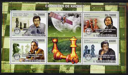 St Thomas & Prince Islands 2008 Chess Champions (Bobby Fisher, Anatoly Karpov, Garry Kasparov, Vladimir Kramnik) perf sheetlet containing 4 values each with Rotary Intern..., stamps on chess, stamps on rotary