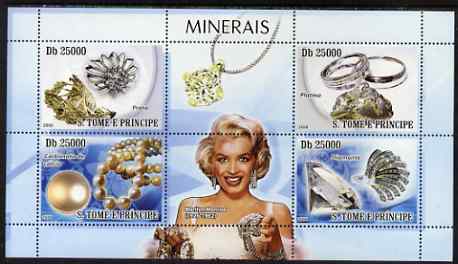 St Thomas & Prince Islands 2008 Minerals and Jewels (with Marilyn Monroe) perf sheetlet containing 4 values unmounted mint, stamps on , stamps on  stamps on minerals, stamps on  stamps on jewellery, stamps on  stamps on jewelry, stamps on  stamps on marilyn, stamps on  stamps on marilyn monroe, stamps on  stamps on pearls, stamps on  stamps on diamonds