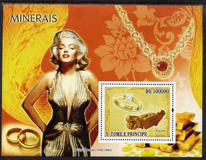 St Thomas & Prince Islands 2008 Minerals and Jewels (with Marilyn Monroe) perf souvenir sheet unmounted mint, stamps on , stamps on  stamps on minerals, stamps on  stamps on jewellery, stamps on  stamps on jewelry, stamps on  stamps on marilyn, stamps on  stamps on marilyn monroe, stamps on  stamps on gold