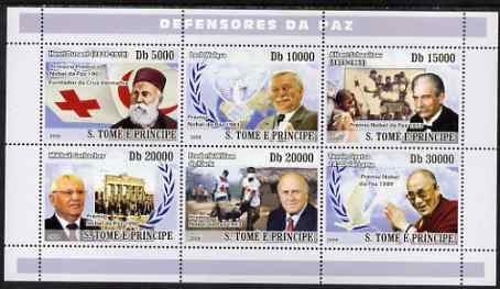 St Thomas & Prince Islands 2008 Peacekeepers & Red Cross (H Dunant, Lech Walesa, A Schweitzer, Gorbachev, de Klerk, Dalai Lama) perf sheetlet containing 6 values unmounte..., stamps on nobel, stamps on red cross, stamps on peace, stamps on personalities, stamps on religion, stamps on medical, stamps on birds, stamps on doves