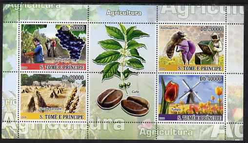 St Thomas & Prince Islands 2008 Agriculture perf sheetlet containing 4 values plus 2 labels unmounted mint, stamps on agriculture, stamps on farming, stamps on food, stamps on wine, stamps on grapes, stamps on coffee, stamps on bees, stamps on wheat, stamps on flowers, stamps on tulips, stamps on windmills