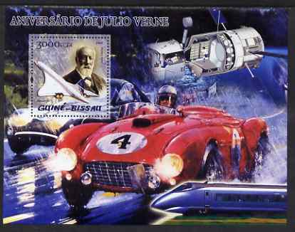 Guinea - Bissau 2005 Centenary of death of Jules Verne perf souvenir sheet (featuring Jules Verne, Ferrari, Concorde, etc) unmounted mint Mi Bl 478, stamps on literature, stamps on jules verne, stamps on space, stamps on  f1 , stamps on formula one, stamps on concorde, stamps on railways, stamps on ferrari