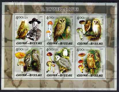 Guinea - Bissau 2005 Lord Baden Powell and Owls (with Fungi) perf sheetlet containing 6 values unmounted mint Mi 2888-93, stamps on scouts, stamps on baden powell, stamps on birds, stamps on birds of prey, stamps on owls, stamps on fungi, stamps on mushrooms