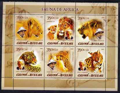 Guinea - Bissau 2005 Fauna of Africa (featuring Albert Schweitzer and Wild Cats) perf sheetlet containing 6 values unmounted mint Mi 2828-23, stamps on , stamps on  stamps on animals, stamps on  stamps on cats, stamps on  stamps on lions, stamps on  stamps on leopards, stamps on  stamps on personalities, stamps on  stamps on schweitzer