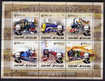 Guinea - Bissau 2005 Steam Trains (featuring Jules Verne) sheetlet containing 6 values unmounted mint Mi 2859-64, stamps on , stamps on  stamps on railways, stamps on  stamps on jules verne, stamps on  stamps on literature, stamps on  stamps on sci-fi