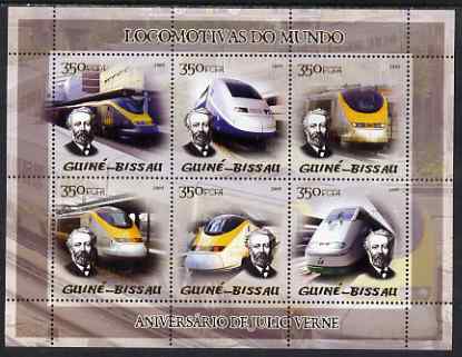 Guinea - Bissau 2005 Modern Deisel Trains (featuring Jules Verne and Eurostar) sheetlet containing 6 values unmounted mint Mi 2853-58, stamps on , stamps on  stamps on railways, stamps on  stamps on jules verne, stamps on  stamps on literature, stamps on  stamps on sci-fi, stamps on  stamps on eurostar