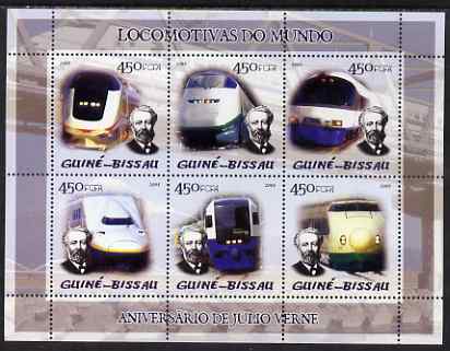 Guinea - Bissau 2005 Japanese Trains (featuring Jules Verne) sheetlet containing 6 x 450 Fcfa values unmounted mint Mi 2871-76, stamps on , stamps on  stamps on railways, stamps on  stamps on jules verne, stamps on  stamps on literature, stamps on  stamps on sci-fi