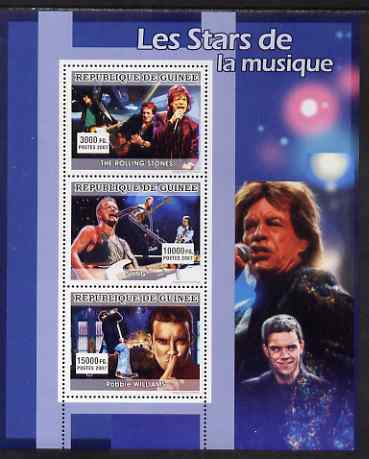 Guinea - Conakry 2007 Male Music Stars perf sheetlet containing 3 values (Rolling Stones, Sting, Robbie Williams) unmounted mint, stamps on music, stamps on personalities, stamps on rolling stones, stamps on sting, stamps on robbie williams