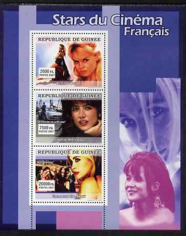 Guinea - Conakry 2007 French Film Stars perf sheetlet containing 3 values (Bridget Bardot, Sophie Marceau, Emmanuelle Beart) unmounted mint, stamps on personalities, stamps on cinema, stamps on films, stamps on movies, stamps on james bond, stamps on  007 , stamps on  bmw , stamps on 