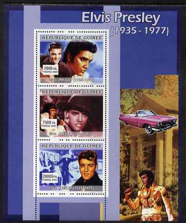Guinea - Conakry 2007 Elvis Presley perf sheetlet containing 3 values unmounted mint, stamps on personalities, stamps on elvis, stamps on cinema, stamps on cars