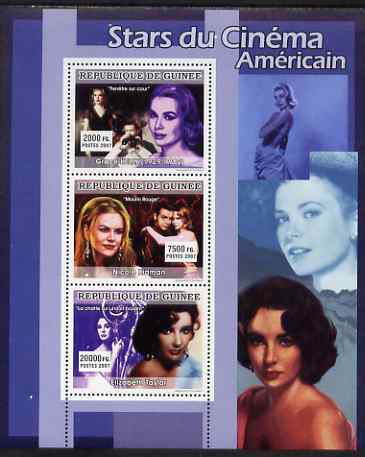 Guinea - Conakry 2007 Female Film Stars perf sheetlet containing 3 values (Grace Kelly, Nicole Kidman, Elizabeth Taylor) unmounted mint, stamps on , stamps on  stamps on films, stamps on  stamps on cinema, stamps on  stamps on grace kelly, stamps on  stamps on elizabeth taylor, stamps on  stamps on nicole kidman