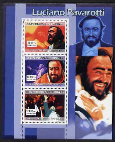 Guinea - Conakry 2007 Luciano Pavarotti perf sheetlet containing 3 values unmounted mint, stamps on , stamps on  stamps on music, stamps on  stamps on opera, stamps on  stamps on pavarotti