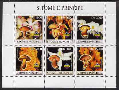 St Thomas & Prince Islands 2003 Mushrooms and Orchids perf sheetlet containing 6 values unmounted mint Mi 1995-2000, stamps on mushrooms, stamps on fungi, stamps on orchids