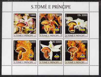 St Thomas & Prince Islands 2003 Mushrooms and Orchids perf sheetlet containing 6 values unmounted mint Mi 1995-2000, stamps on , stamps on  stamps on mushrooms, stamps on  stamps on fungi, stamps on  stamps on orchids