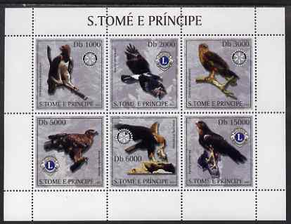 St Thomas & Prince Islands 2003 Birds of Prey (with Rotary & Lions International symbols) perf sheetlet containing 6 values unmounted mint Mi 2073-78, stamps on birds of prey, stamps on birds, stamps on lions int, stamps on lions international, stamps on rotary, stamps on eagles